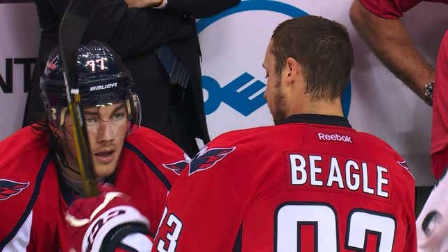 Jay Beagle Got Hockey Sticks Stuck In His Helmet And Skate
