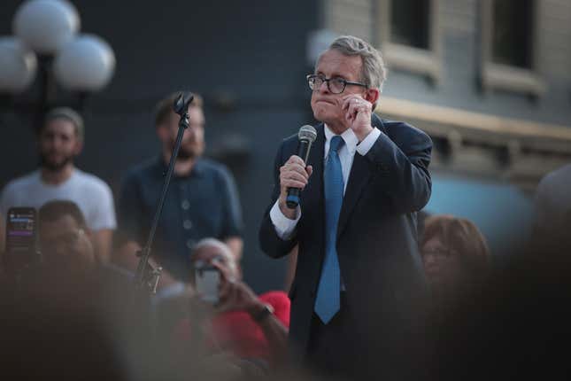 Ohio Governor Mike DeWine speaks to mourners at a memorial service in the Oregon District held to recognize the victims of an early-morning mass shooting in the popular nightspot on August 04, 2019 in Dayton, Ohio. The governor was met with shouts of “Do something” from the crowd. 