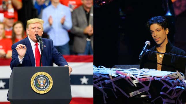 (L-R): U.S. President Donald Trump speaks on stage during a campaign rally on October 10, 2019 in Minneapolis, Minnesota. ; Prince performs on stage at the 36th NAACP Image Awards on March 19, 2005 in Los Angeles, California. 