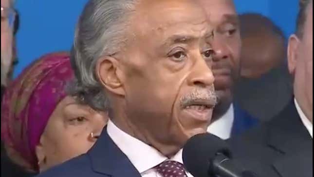 Rev. Al Sharpton speaking at a press conference at the National Action Network in New York.