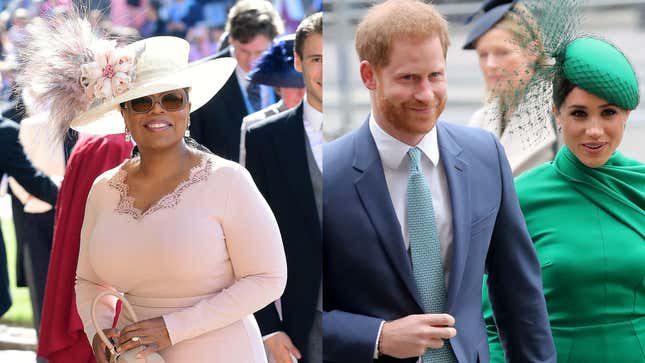 Oprah Winfrey, left, arrives for the wedding ceremony of Britain’s Prince Harry, Duke of Sussex and US actress Meghan Markle on May 19, 2018; Prince Harry, Duke of Sussex and Meghan, Duchess of Sussex attend the Commonwealth Day Service 2020 on March 09, 2020.