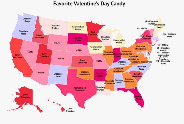 Map of most popular Valentine's candies by state