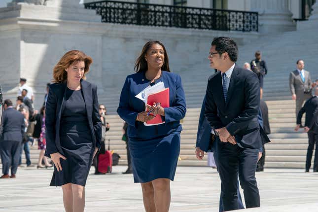 New York City Census Director Julie Menin, New York State Attorney General Letitia James, and Dale Ho, an attorney for the American Civil Liberties Union, leave after the Supreme Court heard arguments over the Trump administration’s plan to ask about citizenship on the 2020 census, in Washington, April 23, 2019. Opponents, like Menin, James and Ho, say adding the question would discourage many immigrants from being counted, leading to an inaccurate count. 