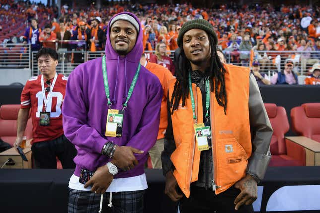 Deshaun Watson and DeAndre Hopkins of the Houston Texans look on prior to the CFP National Championship between the Alabama Crimson Tide and the Clemson Tigers presented by AT&amp;T at Levi’s Stadium on January 7, 2019 in Santa Clara, Calif.