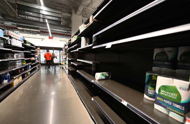 View of empty supermarket shelves on March 18, 2020, in New York.