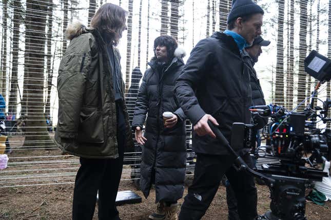 Michiel Huisman as Shepherd and director Malgorzata Szumowska on the set of The Other Lamb