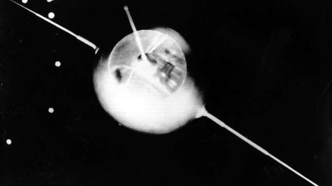 This is a model of a Soviet Earth satellite, Sputnik 1, on display at the Prague Czechoslovakia exhibition on Oct. 7, 1957, marking the 40th anniversary of Russia’s October Revolution that overthrew the czar. The actual Sputnik 1 capsule was launched by the Soviet Union Oct. 4, starting the Space Race with the U.S.