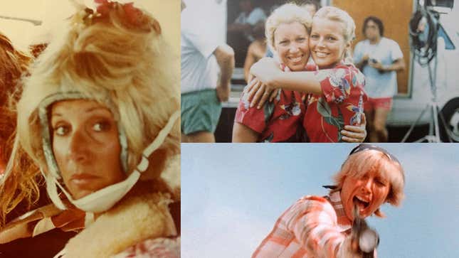 L: On the set of Honky Tonk Freeway; R: (Top) On the set of Charlie’s Angels with Cheryl Ladd, R: (Bottom): On the set of Jaws 2