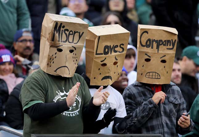 New York Jets fans react during the third quarter against the New York Giants at MetLife Stadium on November 10, 2019 in East Rutherford, New Jersey.