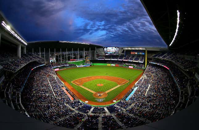 A general view of Marlins Park during Opening Day at Marlins Park between the Miami Marlins and the Colorado Rockies on March 31, 2014 in Miami, Florida. 