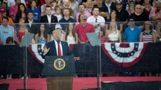 Donald Trump speaking at the “Salute to America” ceremony in front of the Lincoln Memorial, July 4, 2019, in Washington, D.C. 