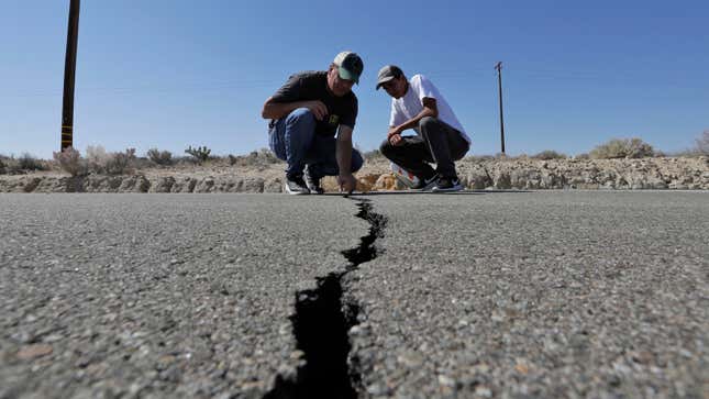 A crack left on a highway in the wake of last week’s major earthquakes near Ridgecrest, California.