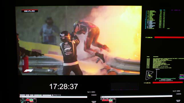 Image for article titled Romain Grosjean&#39;s Horrific Crash Is Proof That The Halo Was Worth It