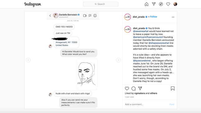 Image for article titled WeWoreWhat's Danielle Bernstein Accused of Stealing Mask Design From a Latina-Owned Brand