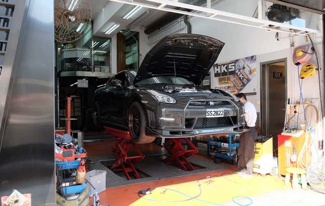 A Nissan GT-R getting wrenchedon (Photo: Michael Tracy)