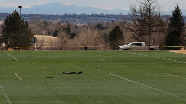Pieces of an airplane engine from Flight 328 sit scattered in a neighborhood on February 20, 2021 in Broomfield, Colorado. 