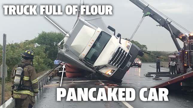 Image for article titled Big Rig Full Of Flour Tips And Pancakes Car On National Pancake Day