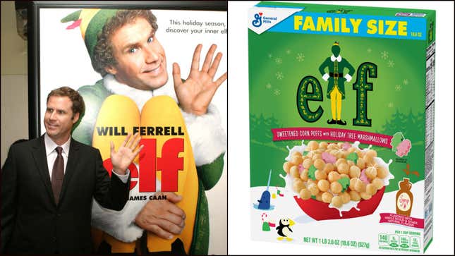 Left: Will Ferrell poses in front of a poster for the movie "Elf" in 2003. Right: A box of new Elf cereal.