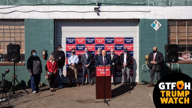 Attorney for the President, Rudy Giuliani speaks to the media at a press conference held in the back parking lot of Four Seasons Total Landscaping on November 7, 2020 in Philadelphia, Pennsylvania.