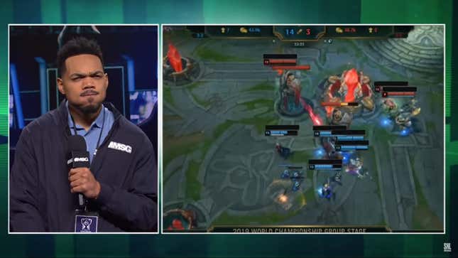 Image for article titled Chance The Rapper Is A Clueless Esports Reporter In This League Of Legends SNL Skit