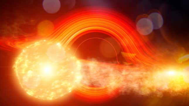 An illustration of a tidal disruption event of a supermassive black hole.
