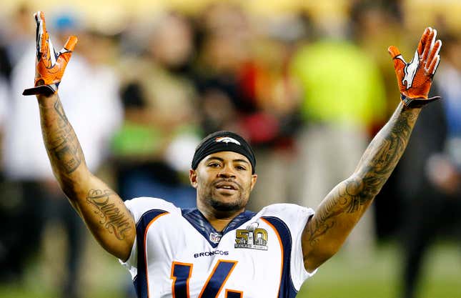 Cody Latimer of the Denver Broncos reacts as the Denver Broncos defeat the Carolina Panthers 24-10 during Super Bowl 50 at Levi’s Stadium on February 7, 2016 in Santa Clara, California.