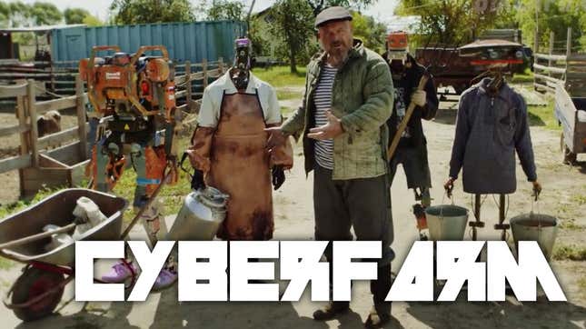 Image for article titled This Fantastic Russian Cyberpunk Farm Video Has A Nice Twist Ending And Some Wonderfully Crappy Robots