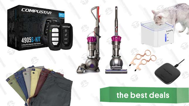 Image for article titled Saturday&#39;s Best Deals: Remote Car Starter Kit, JACHS NY Stretch Tech Pants, Dyson Ball Vacuum, Ravpower Wireless Charging Pad, Pet Water Fountain, Door Opening Multi-Tool, and More