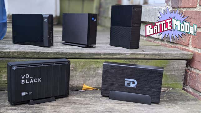 Eight terabyte hard drives, clockwise from top left: the Seagate Backup Plus Hub, the Lacie D2 Professional, the Western Digital My Book, the Fantom Drives G-Force 3, and the WD_Black D10.