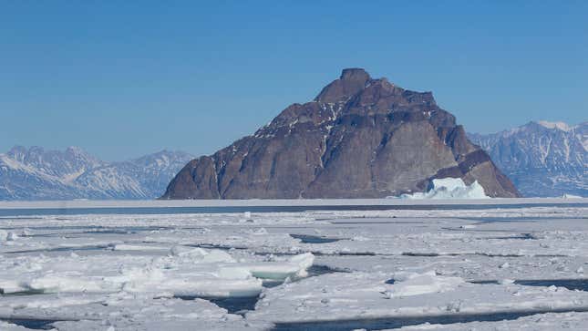 Let’s not walk on this ice, yeah? Here we see shorefast ice beginning to break up near Uummannaq, Greenland.