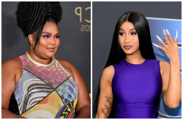 Lizzo attends the 51st NAACP Image Awards on February 22, 2020, in Pasadena, Calif.; Cardi B  on January 31, 2020, in Miami, Fla.