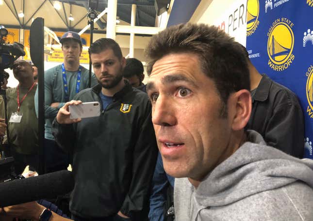 Golden State Warriors general manager Bob Myers talks with reporters at the NBA basketball team’s practice facility Friday, June 14, 2019, in Oakland, Calif. 