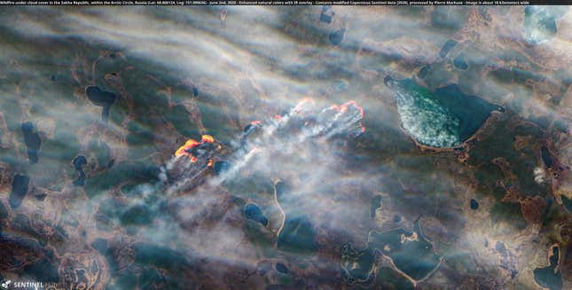 Wildfire under cloud cover in the Sakha Republic, within the Arctic Circle, Russia on June 2, 2020