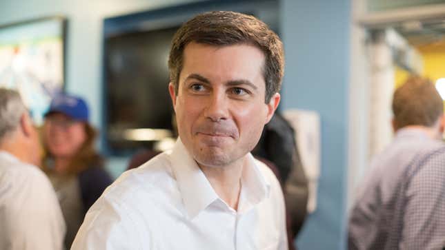 Democratic Presidential candidate, South Bend Mayor Pete Buttigieg, attends a campaign stop at Stonyfield Farms on April 19, 2019 in Londonderry, New Hampshire. Recent polls are showing Buttigieg is gaining ground with Democrats in the presidential nominating states of Iowa and New Hampshire.