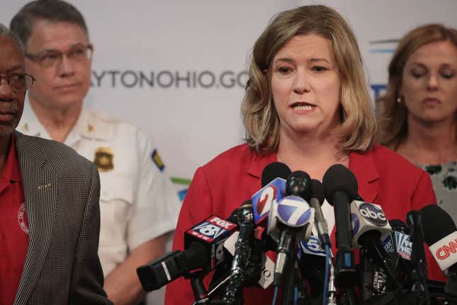 Dayton Mayor Nan Whaley hold a press conference to update the media about the mass shooting on August 05, 2019 in Dayton, Ohio.