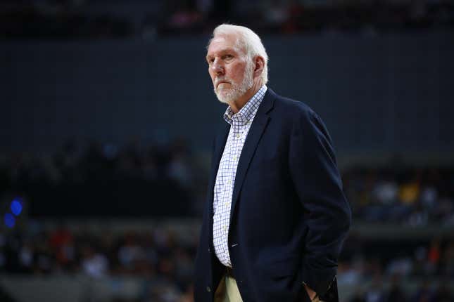 Gregg Popovich, head coach of the San Antonio Spurs looks on during a game between San Antonio Spurs and Phoenix Suns at Arena Ciudad de Mexico on December 14, 2019.