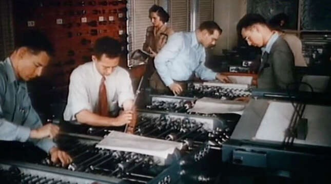 Still from a short film released theatrically by Popular Science on August 6, 1948 which showed how computers provided “stimulus for unprecedented technical advancements.”