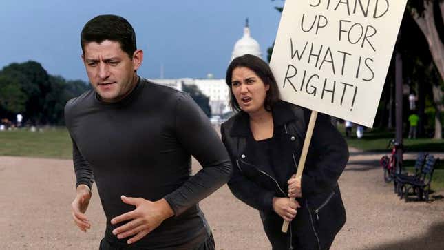 Image for article titled Paul Ryan Grudgingly Impressed By Angry Protester Who’s Matched His Running Pace For 9 Miles