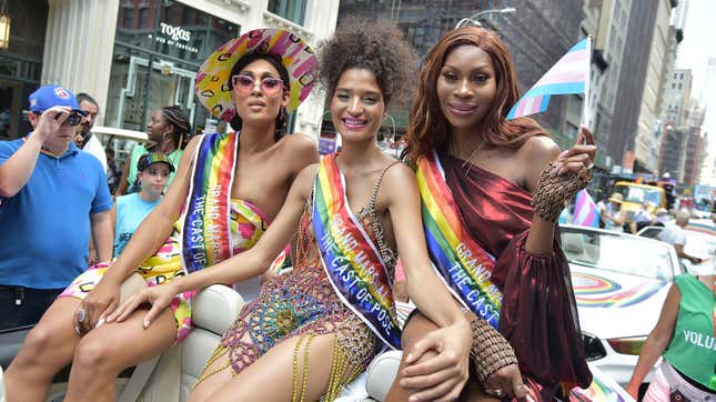    MJ Rodriquez, Indya Moore, and Dominique Jackson attend Pride March - WorldPride NYC 2019 on June 30, 2019, in New York City.