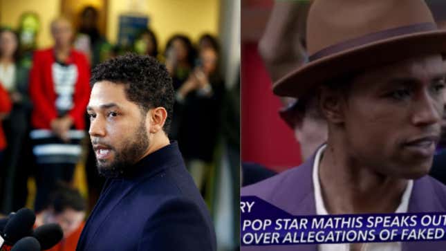 (L-R): Jussie Smollett speaks with members of the media after his court appearance at Leighton Courthouse on March 26, 2019 in Chicago, Illinois. ; “A Celebrity Is Attacked” clip from Law &amp; Order: SVU