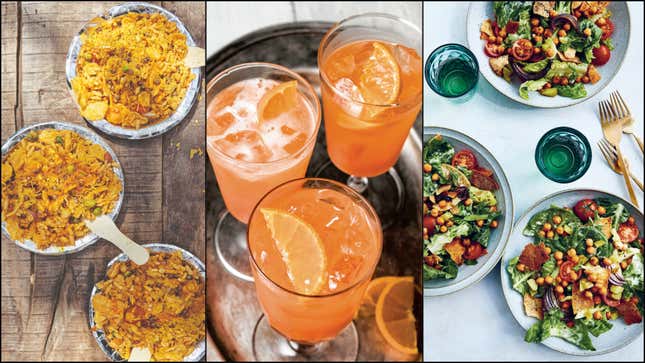 Left: Moth ki Chaat from "Chaat"; Center: Tangerine Sprits from "Drinking French"; Right: Falafel Fattoush from "Cool Beans" [all images provided by Ten Speed Press/Penguin Random House]
