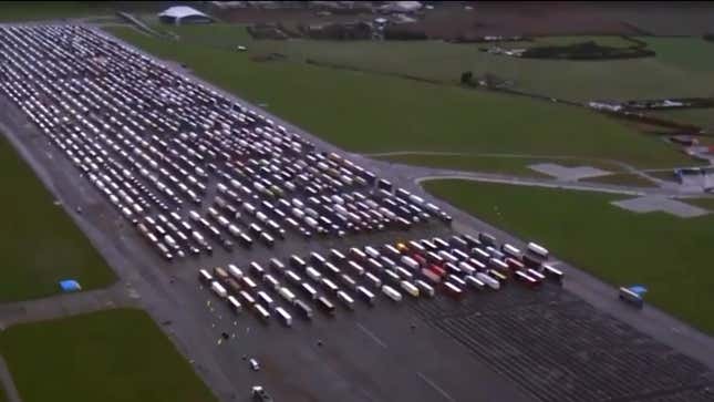 Image for article titled UK Airfield Becomes World&#39;s Largest Truck Stop As Drivers Remain Stuck At French Border