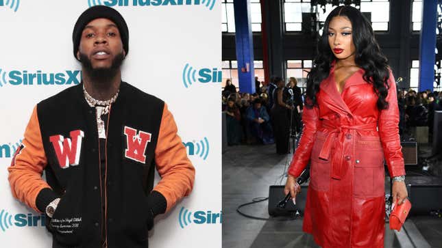 Tory Lanez, left, visits the SiriusXM Studios on March 2, 2018 in New York City. ; Megan Thee Stallion attends the Coach 1941 fashion show on February 11, 2020 in New York City. 