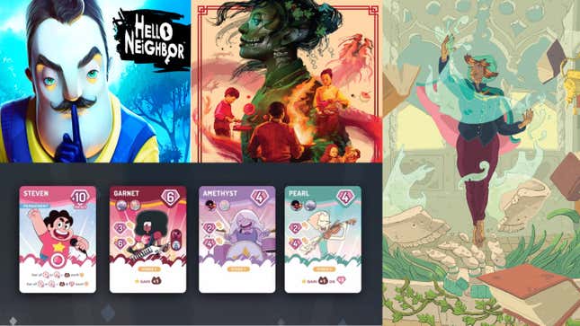 Clockwise from left: Hello Neighbor, Jiangshi: Blood in the Banquet Hall, Quest, and Steven Universe: Beach-a-Palooza Card Battling Game.