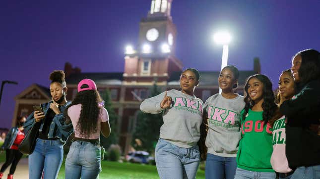 Students and alumni of Howard University, alma mater of Vice President-elect Kamala Harris, gather on campus to celebrate her victory with President-elect Joe Biden, Saturday evening, Nov. 7, 2020. 