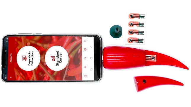 A chili pepper-shaped device containing a paper-based electrochemical sensor can be connected to a smartphone to reveal how much capsaicin is in a hot pepper.