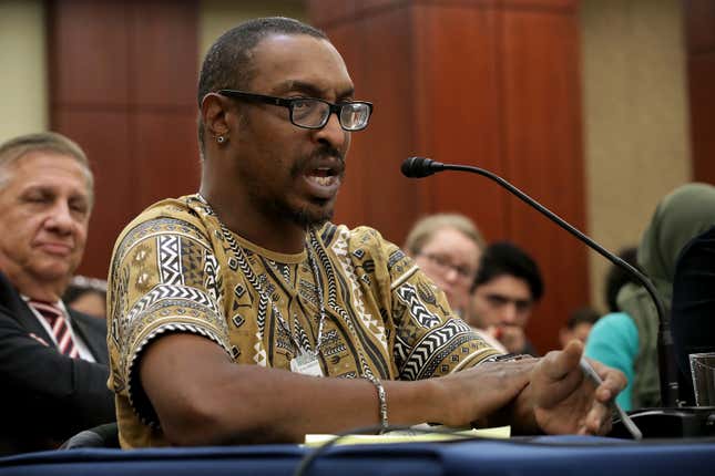 Muhammad Ali Jr., son of boxing legend Muhammad Ali, participates in a forum titled ‘Ali v. Trump: The Fight for American Values’ about immigration enforcement with Democratic members of the House of Representatives in the House Visitors Center at the U.S. Capitol March 9, 2017, in Washington, DC. 