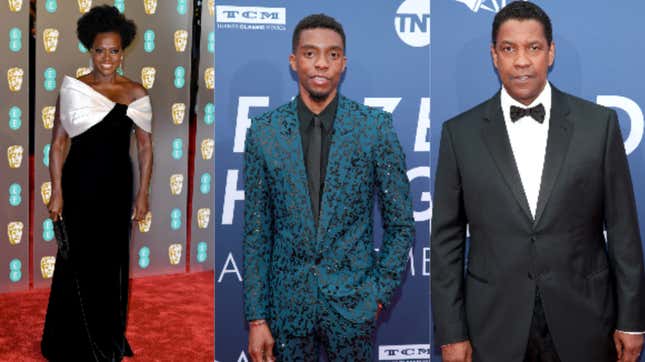 Viola Davis attends the EE British Academy Film Awards on February 10, 2019 in London, England; Chadwick Boseman and Denzel Washington attends the 47th AFI Life Achievement Award honoring Washington on June 06, 2019 in Hollywood, California.