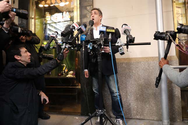 Michael Cohen, the former personal attorney to President Donald Trump, speaks to the media before departing his Manhattan apartment for prison on May 6, 2019 in New York City. Cohen is due to report to a federal prison in Otisville, New York, where he will begin serving a three-year sentence for campaign finance violations, tax evasion and other crimes.