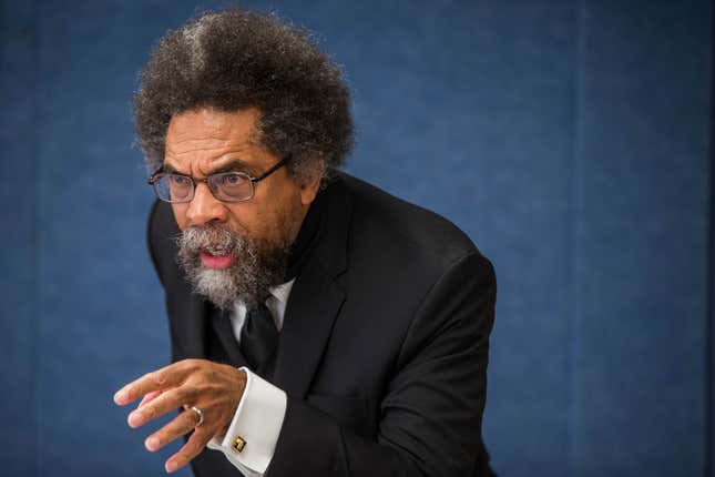 Professor of Philosophy and Christian Practice at the Union Theological Seminary Cornel West speaks during a press conference calling for Congress and the US Department of Justice to launch a federal investigation into the hiring and promoting practices of United Airlines at The National Press Club September 15, 2016 in Washington, D.C. 